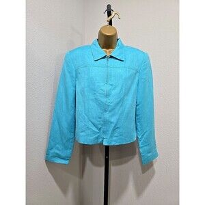 Vtg 80s Office Career David N Linen Blend Jacket Blazer Womens Lg Blue Full Zip